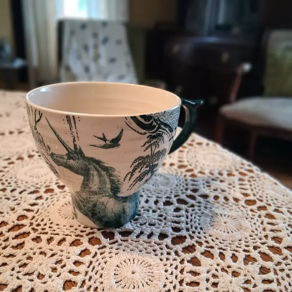 Anthropologie mug unicorn birds cream green coffee tea